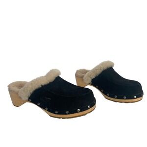 UGG Kalie Cadet Suede‎ Platform Sheepskin Lined Wooden Clogs Women 7 Indie Boho